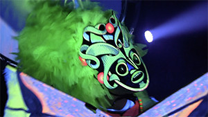 performer with neon green mask and wig on stage