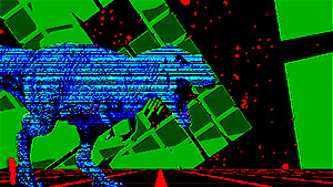 Matyas Kelemen 8-bit t-rex graphic with green squares