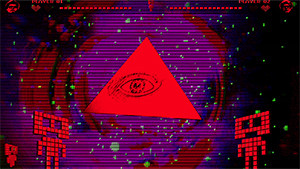8bit pyramid with eye and two stylized robots on either side